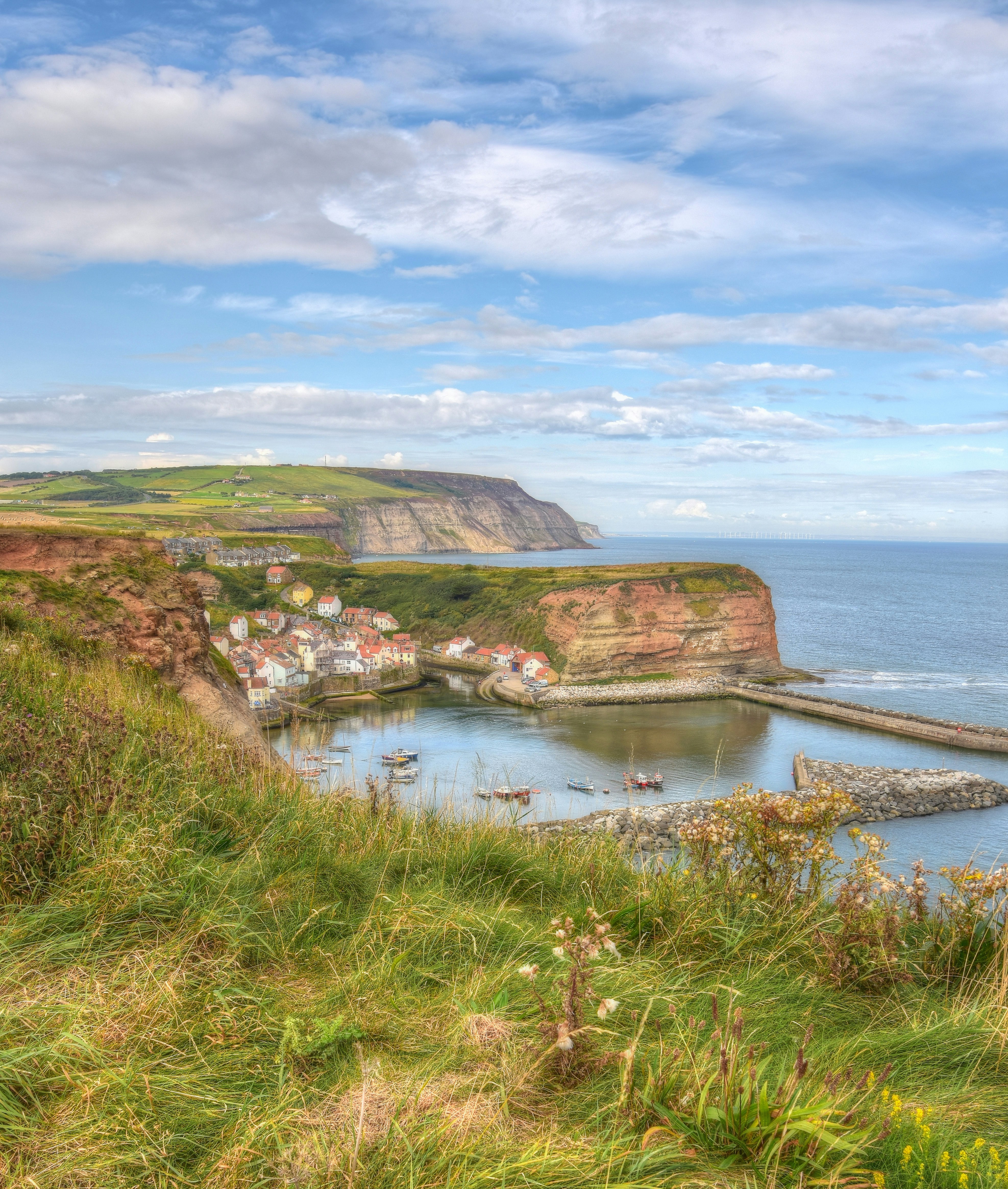 Clifftop view over Staithes village and harbour on the North Yorkshire coast